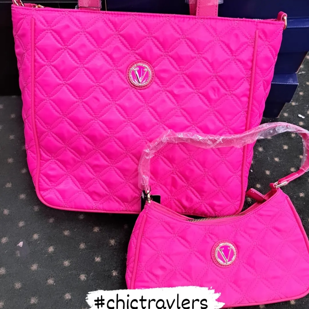Quilted Hot Pink Large Tote & Mini clutch Travelers 2pc Set